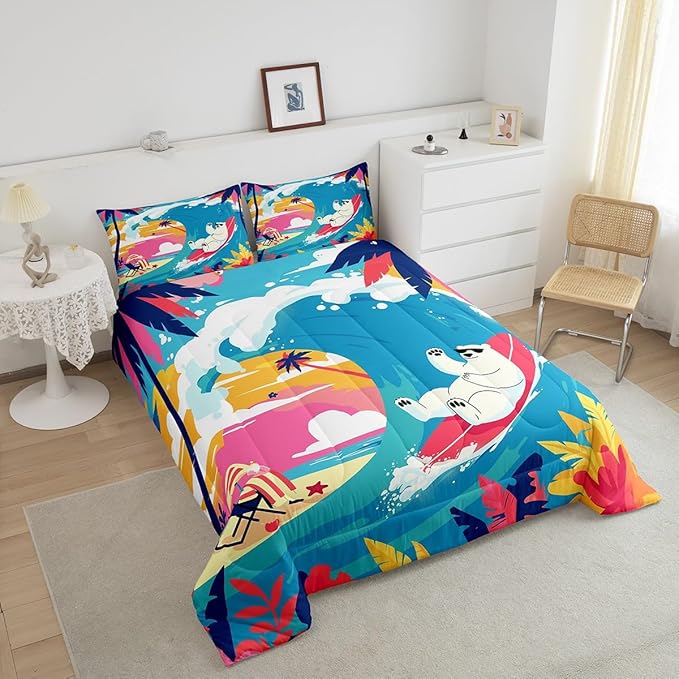 Castle Fairy Surfing Polar Bear Comforter Set Toddler Size Hawaiian Summer Beach Bedding Set Kids Boys Girls Summer Vacation All Season Quilt Set Palm Trees Silhouette Bedding Comforter Sets,2Pcs