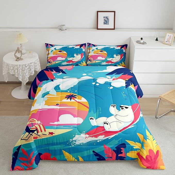 Castle Fairy Surfing Polar Bear Comforter Set Twin Size Hawaiian Summer Beach Bedding Set Kids Boys Girls Summer Vacation All Season Quilt Set Palm Trees Silhouette Bedding Comforter Sets,2Pcs