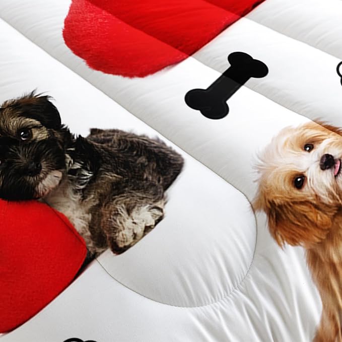 Cute Dog Comforter Set, Cartoon Paw and Bone Print Bedding Home Decor, Pet Puppy White Comforter Full Size