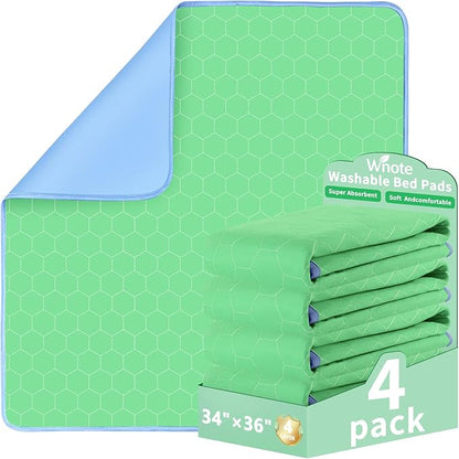 Waterproof Washable Underpads Pee Pad (Green 34" x 36" 4 Pack), Reusable Absorbency Bedwetting Incontinence Bed Pads for Kids Adults Elderly Dog Pet, Puppy Pads for Mattress Couches Sofas Floors