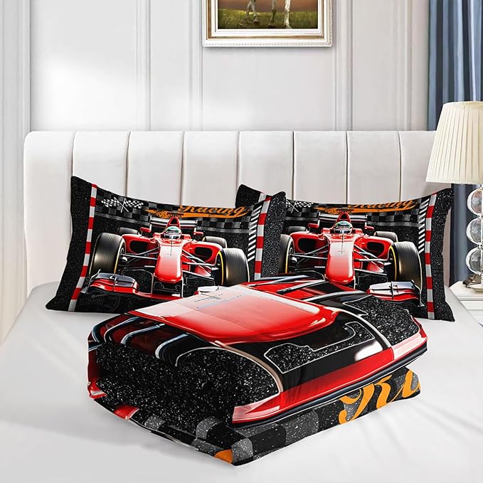 3D Racing Comforter Set Red Kart Printed Bedding Set with 1 Comforter and 2 Pillowcases for Boys and Girls Bedroom All Season(Kart Full)