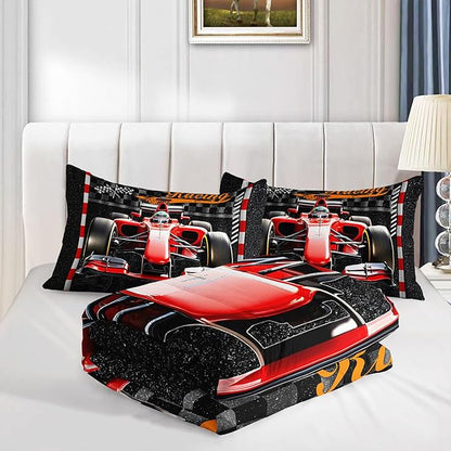 3D Racing Comforter Set Red Kart Printed Bedding Set with 1 Comforter and 2 Pillowcases for Boys and Girls Bedroom All Season(Kart Full)