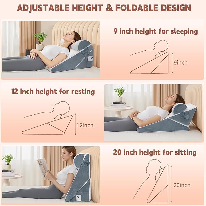 3PCS Bed Wedge Pillow Set for After Surgery, 9&12inch Orthopedic Memory Foam Adjustable Pillow Wedge for Acid Reflux Relief, Back Pain, Neck&Back Support