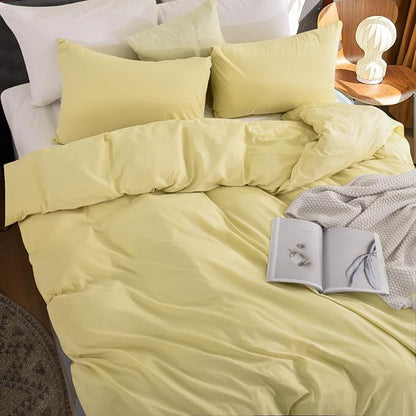 NEXHOME PRO Duvet Cover Set 100% Washed Cotton Oversized Queen 92"x98", Organic Natural Linen Look Textured 3 Pieces Bedding Set Cream Yellow with Zipper Closure, Breathable Soft