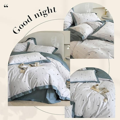 AOJIM Cute Kids Bedding Duvet Cover Set with Star Patterns for Girls and Boys, Reversible Pure Cotton Comforter Cover and 2 Matching Pillowcases, Super Soft Bed Quilt Cover for Room Decor, Queen Size