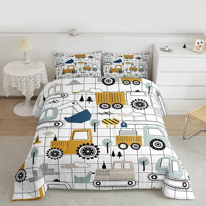 Feelyou Construction Comforter Set Queen Size Kids Excavator Tractor Toddler Comforter Cartoon Car Equipment Trucks Plaid Grid Comforter Set Construction Vehicles WhiteDuvet Set Quilt Set