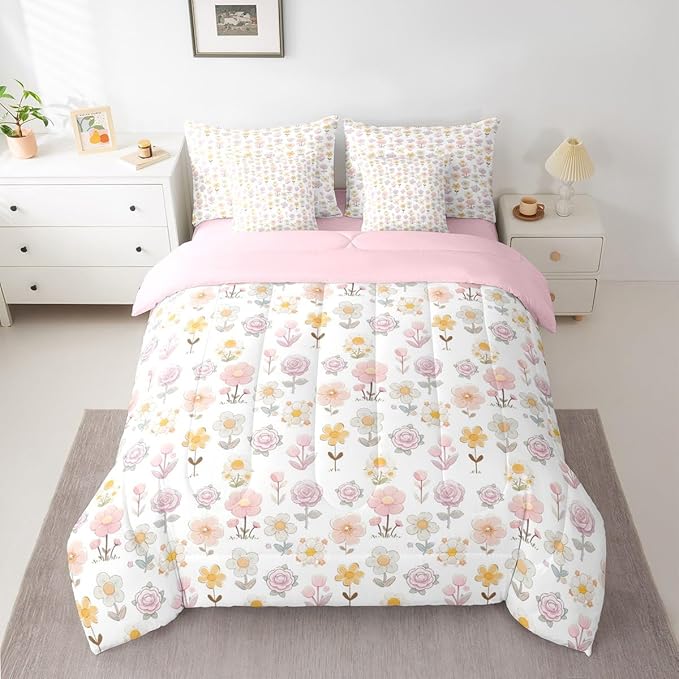 Feelyou Cute Flower 7 Piece Bedding Set Yellow Pink Floral Comforter Set with Sheets for Kids Boys Girls Romantic Blossom Bed in a Bag Cartoon Style Bed Set Soft Lightweight