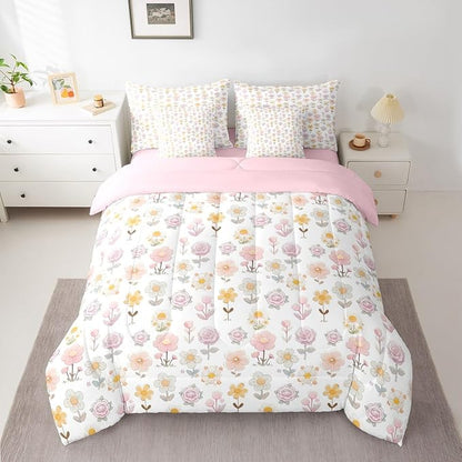 Feelyou Cute Flower 7 Piece Bedding Set Yellow Pink Floral Comforter Set with Sheets for Kids Boys Girls Romantic Blossom Bed in a Bag Cartoon Style Bed Set Soft Lightweight
