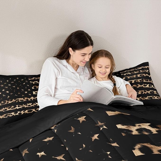 Feelyou American Flag Leopard Kids Comforter Set King Size Hunting Bedding Set Brown Cheetah Print Duvet Quilt for Kids Boys Girls Bedroom Animal Fur Decor Microfiber Ultra Soft Breathable
