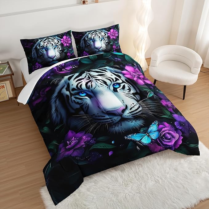 Wild Animal Themed Comforter Set Full Size,White Leopard Floral Print Bedding Sets for Kids Teens Room Decor,Gothic Bedding All Season with 2 Pillowcases.