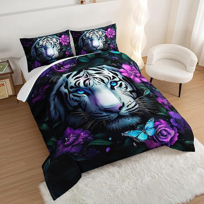 Wild Animal Themed Comforter Set King Size,White Leopard Floral Print Bedding Sets for Kids Teens Room Decor,Gothic Bedding All Season with 2 Pillowcases.