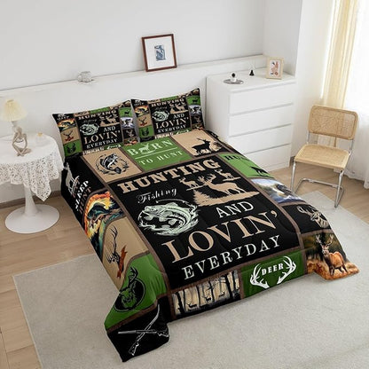 Big Pike Fish Bedding Set Deer Comforter Set for Kids Teens Boys Fish Hunt Duvet Set Antlers Fish Fishing Rod Comforter 1 Comforter Set with 2 Pillowcases King Size Boys
