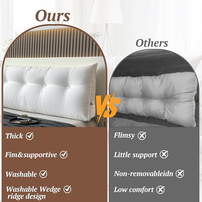 Wedge Headboard Pillow ，Reading Pillow Essentials backrest Cushion for Bed Gap Filler or Sofa (White, Queen(59 * 8 * 20in))