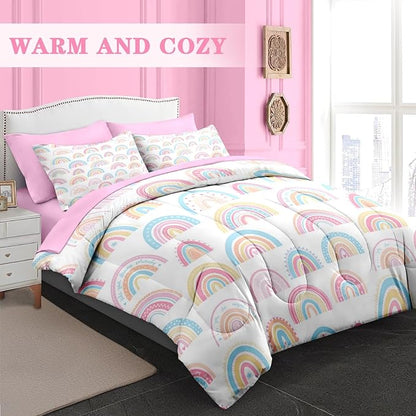 Comforter Set Full Size, Cute Cartoon Rainbow 7 Pcs Bedding for Kids and Adults, Pink Boho Nursery Bed Sheet Sets with Fitted Sheet 2 Pillowcases & 2 Shams for Bedroom Bed Decor