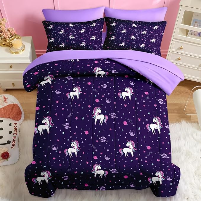 Nesker Comforter Set Queen Size, Purple Unicorn 7 Pcs Bedding for Kids Teens, Cute Rainbow with Fitted Sheet 2 Pillowcases & 2 Shams for Bedroom Bed Decor