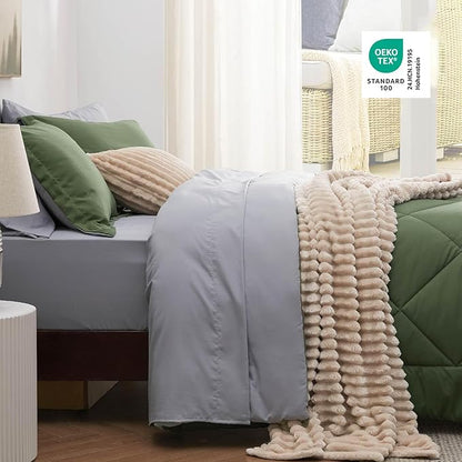 Bedsure Full Size Comforter Set - 7 Pieces Reversible Olive Green Bedding, Full Size Bed Set for All Seasons, Bed in a Bag with Down Alternative Comforter, Sheets, Pillowcases & Shams