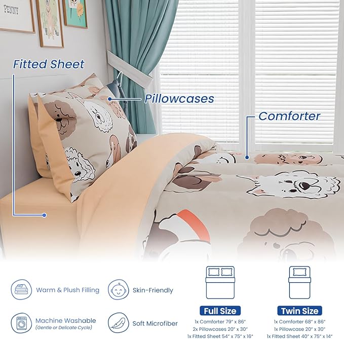 Dog Kids Bedding Set for Girls Boys, Ultra Soft Microfiber Comforter Set Full Size 4-Pieces, Dogs Comforters Bed Sets for Kid Tween Teen Bedroom Decor