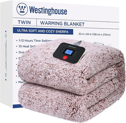 Westinghouse Electric Blanket Twin Size, Soft Plush Sherpa Heated Blanket with 10 Heating Levels & 1-12 Hours Auto-Off, Machine Washable, 62x84 inches, Rust