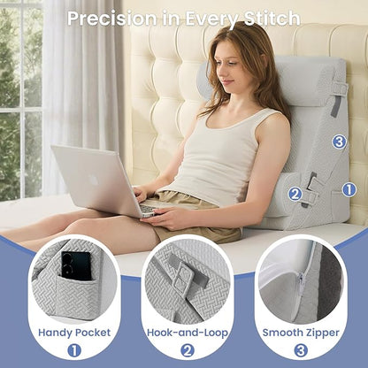 Sasttie Wedge Pillow Set for After Surgery, 3PCS Adjustable Bed Wedge Pillow Headboard with Memory Foam Neck Cushion – for Acid Reflux, Sleeping, Neck & Back Support, Light Grey