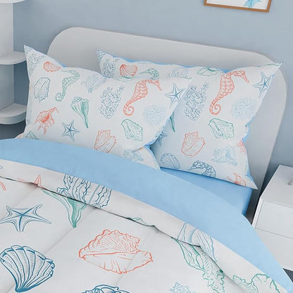 Kids Bedding Set for Girls Boys, Ultra Soft Microfiber Comforter Set Full Size with 4-Pieces, Seashell Ocean Comforters Bed Sets for Kid Children Teen Tween Bedroom Decor