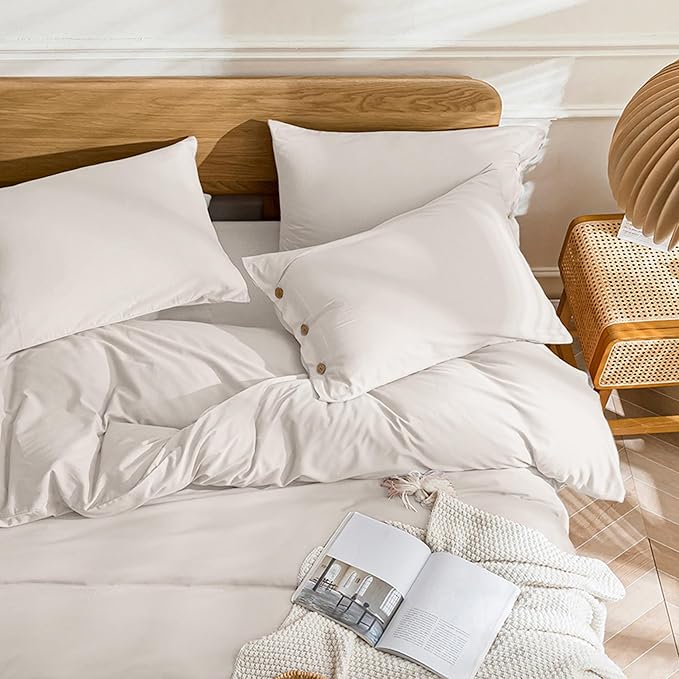 JELLYMONI Cotton Duvet Cover Super Queen Size - Beige Comforter Cover with Button 100% Washed Cotton 3PCS Breathable Soft Solid Bedding Set Duvet Cover 98×90in & 2 Pillowcases (NO Comforter)