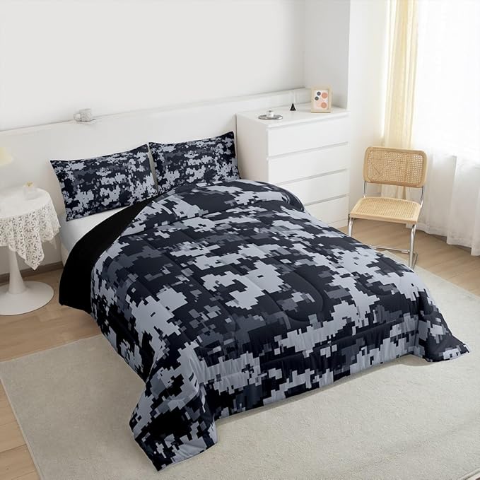 Castle Fairy Gray Pixelated Miners Gamer Kids Comforter Set King Size,Cartoon Style Video Games Reversible Quilted Duvet with 2 Pillowcases Black Checkered Grid Comforter for Boys Teens Bedroom