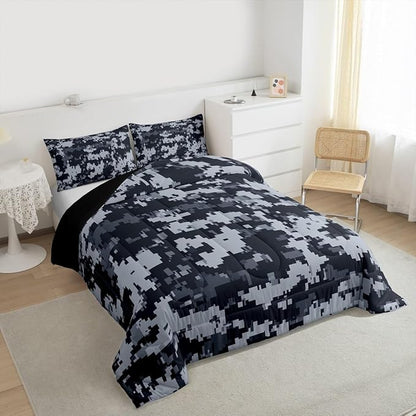 Castle Fairy Gray Pixelated Miners Gamer Kids Comforter Set Twin Size,Cartoon Style Video Games Reversible Bedding Sets for Teens Bedroom Decor,Black Checkered Grid Quilted Duvet,1 Pillowcase