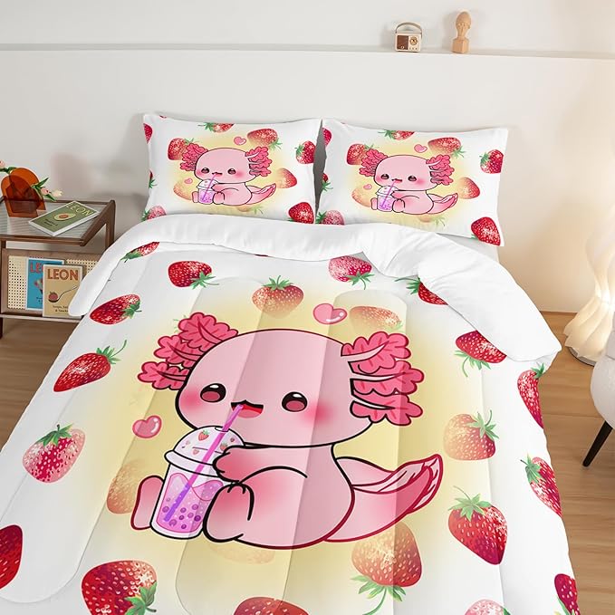 HOSIMA Pink Kawaii Axolotl Bedding Comforter Set for Kids,Cartoon Strawberry Milk Tea Print Queen Size Comforter Set Bedroom Decoration for Children Girl with 2 Pillowcases.