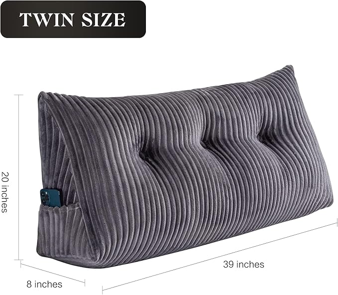 Large Headboard Pillow Headboard Wedge Pillow Bed Rest Reading Pillow Bolster Triangular Pillow for Sitting in Bed-Backrest Positioning Support Long Pillow for Daybed (Twin: 39x8x20 Inches,Grey)