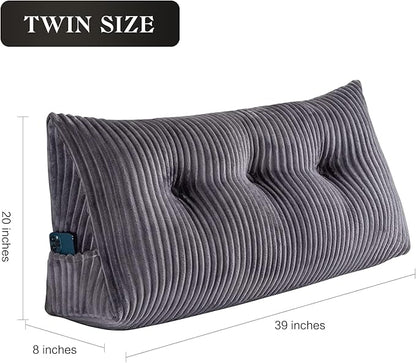 Large Headboard Pillow Headboard Wedge Pillow Bed Rest Reading Pillow Bolster Triangular Pillow for Sitting in Bed-Backrest Positioning Support Long Pillow for Daybed (Twin: 39x8x20 Inches,Grey)