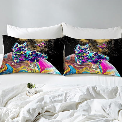 Castle Fairy Watercolor Planet Duvet Cover Set Twin Size, Rainbow Cute Cat and Butterfly Animal Print Comforter Cover with 1 Pillowcase, Shiny Golden Glitter Sequin Bedding Set for Kids Girls Room