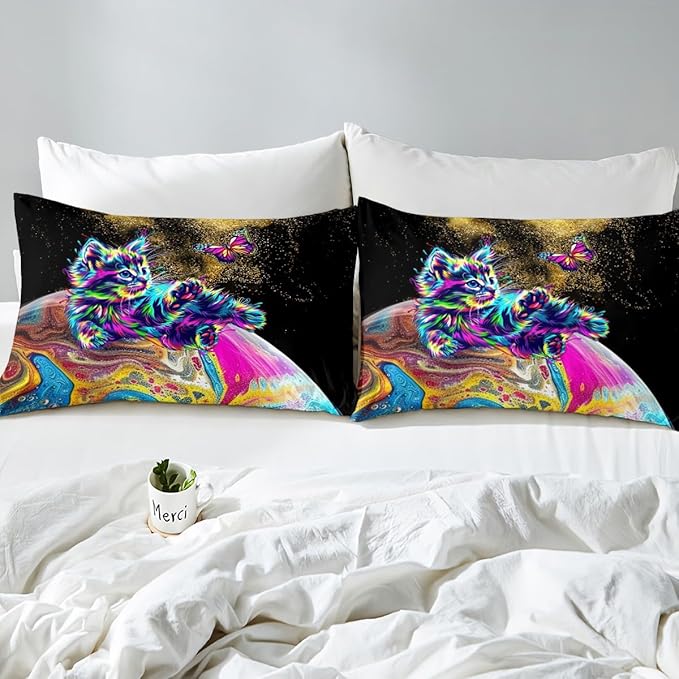Rainbow Cat Butterfly Bedding Set Queen Size, Watercolor Tie Dye Planet Galaxy Outer Space Duvet Cover Set with 2 Pillowcases, Shiny Golden Glitter Sequin Comforter Cover, Soft Polyester