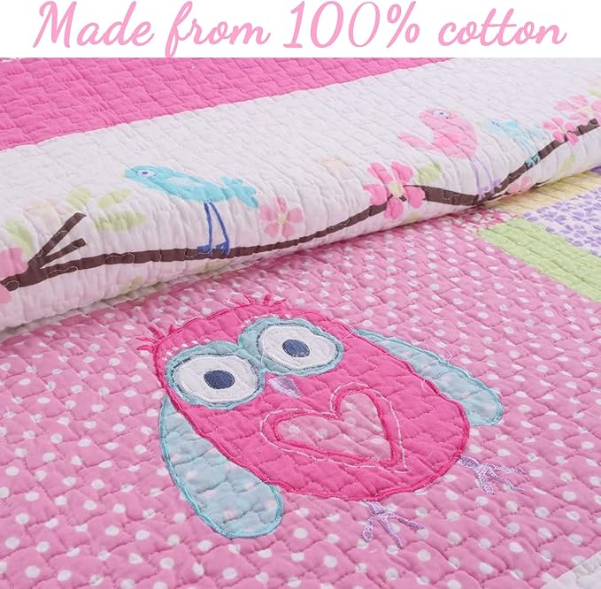 Cozy Line Home Fashions Pink Owl All Season Lightweight 100% Cotton Quilt Bedding Set, Coverlet Bedspread for Kids Toddler Girls (Queen - 3 Piece)