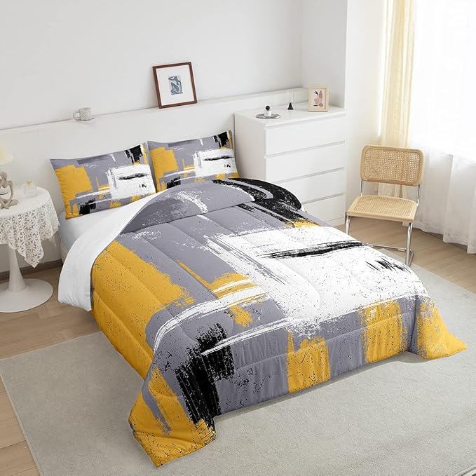 Feelyou Abstract Bedding Set Comforter Set for Kids Boys Children Modern Abstract Art Comforter Ultra Soft Decor Yellow Grey White Duvet Set King Size