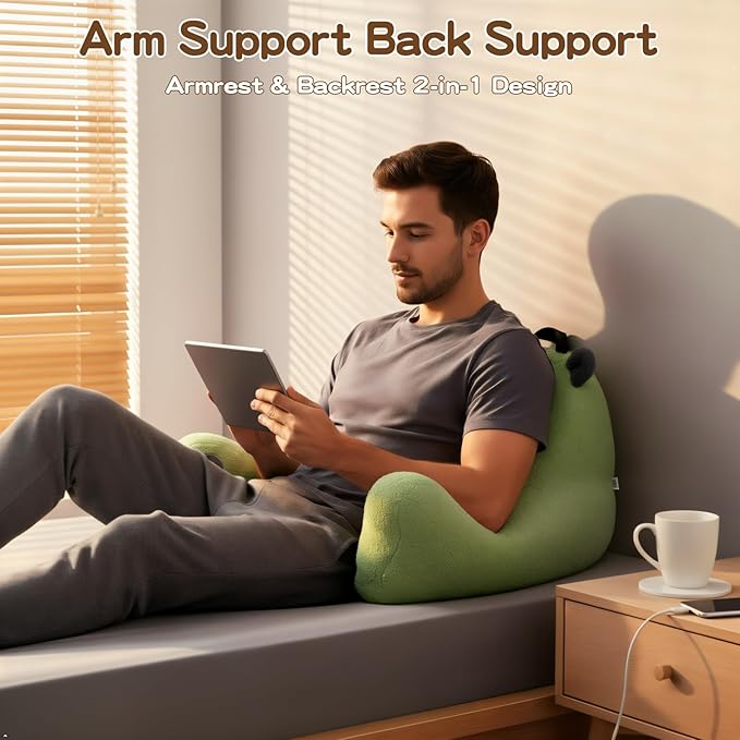 Reading Pillow for Sitting in Bed Couch Teens/Adult, Back Rest Pillow for Sitting Up in Bed with Shredded Memory Foam, Includes Arms and Washable Cover (Green)