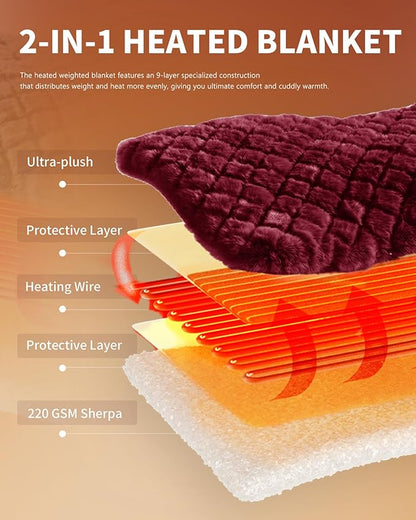 Homemate Heated Blanket Electric Throw - 50"x60" Heating Blanket Throw 1/2/4/6/8 Hours Auto-Off 10 Heat Levels Over-Heat Protection Luxury 800 GSM Faux Fur 200 GSM Sherpa ETL Certification