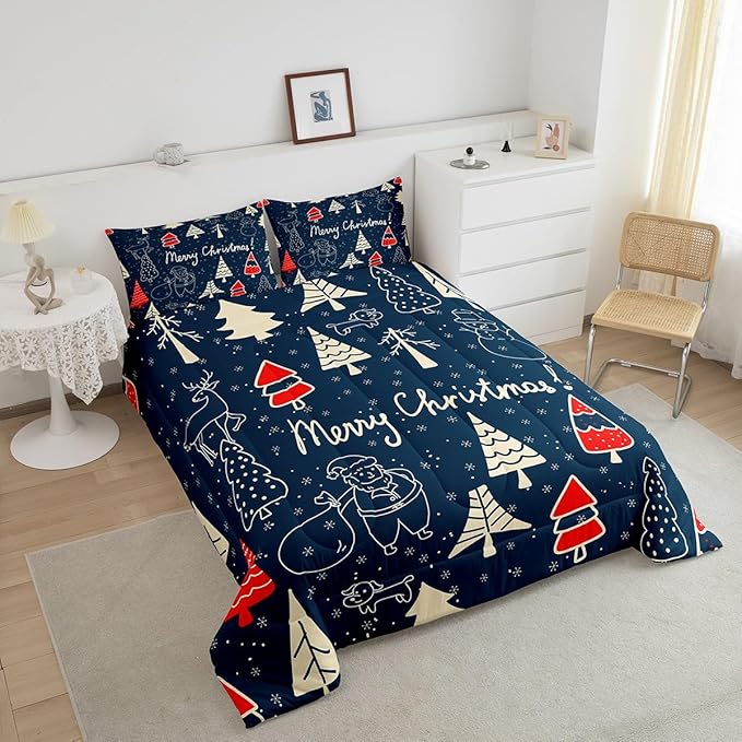 Erosebridal Cartoon Snowman Deer Comforter Set for Kids Boys Girls,Xmas Pine Tree Bedding,Merry Christmas Comforter Sets,Winter Festivals Duvet Insert with 2 Pillowcases Lightweight,Full