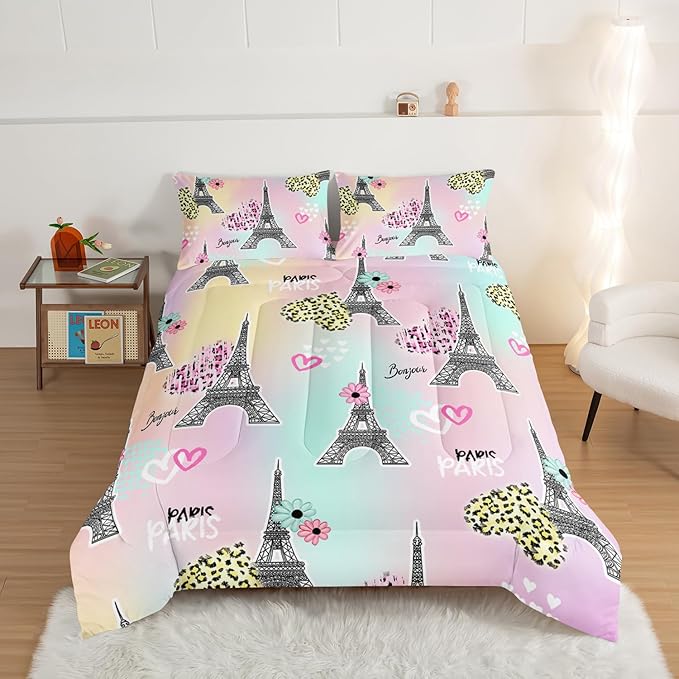 HOSIMA Eiffel Tower Comforter Rainbow Bedding Sets 3Pieces,Lovers Sweet Couple Paris Bedroom Comforter Set,Leopard Print Heart King Size Comforter Modern French Style Girls Bedroom Decor.