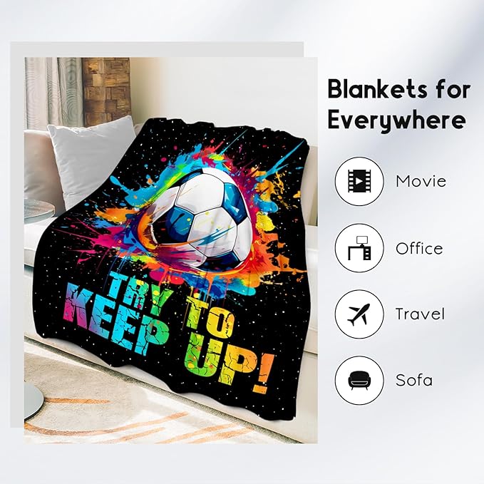 Soccer Gifts for Boys, Soccer Blanket Gift for Sport Lovers, Flannel Throw Blankets for Kids Girls Teens, Sports Decorations for Room Team Player (Colorful, 40x50 Inch)