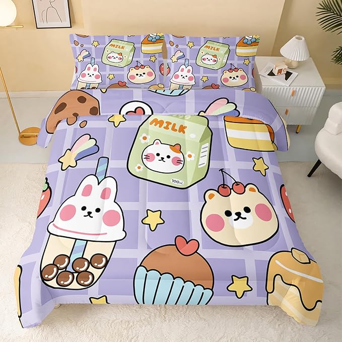 QOOMO Kawaii Bear Comforter Set for Kids Teens Girls Women,Cute Bear Kids Bedding Set,1 Comforter with 2 Pillowcase, Microfiber 3 Piece Bedding Set,for All SeasonsPurple，Full Size