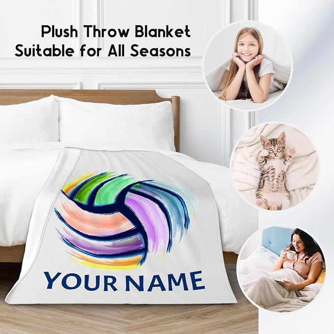 Volleyball Blanket, Personalized Volleyball Gifts for Teen Girls, Custom Girls Sport Blankets Gift for College Team Players, White Soft Plush Kids Throw for Bed Living Room, 60"x80"