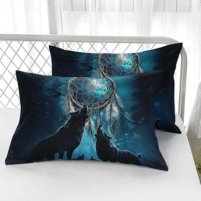 Dreamcatcher Wolf Comforter Set Queen Size for Kids Teens and Adults Moonlight Forest Wolf Printed Quilt Set for Bedroom Soft Microfiber Print Quilt Set with 1 Comforter and 2 Pillowcases