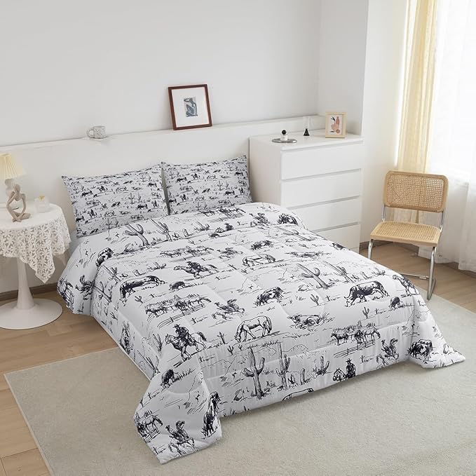 Feelyou Western Comforter Set Toddler Size, White and Black Cowboy Cow Bedding Set Cowboy Comforter Desert Cactus Duvet Set Soft Bed Set 2Pcs