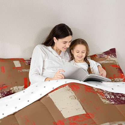 Feelyou Abstract Bedding Set Kids Modern Abstract Art Comforter Set Brown Orange Comforter for Boys Room Decor Lightweight Retro Duvet Set Twin Size with 1 Pillow Case