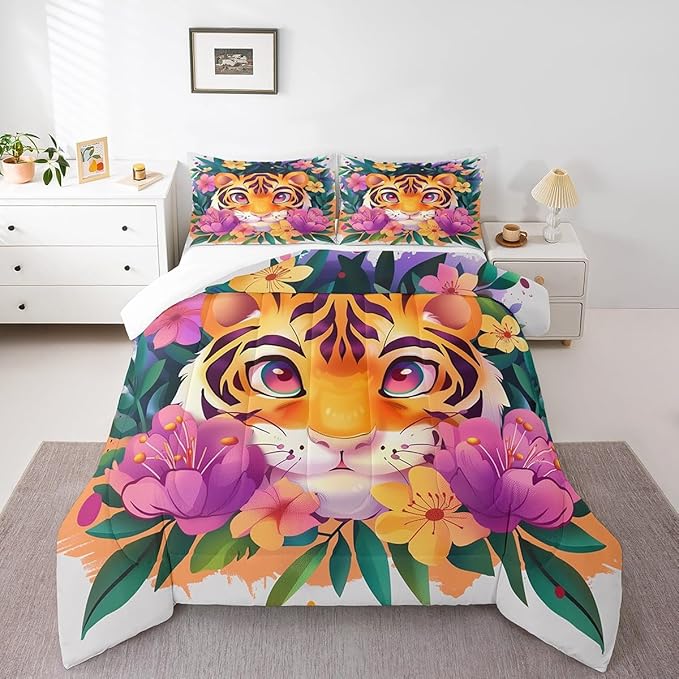 Cartoon Tiger Comforter Set Queen Size Tropical Blooming Flowers Bedding Set Kids Boys Girls Cute Animal Print All Season Quilt Set Watercolor Botanical Bedding Comforter Sets,3Pcs
