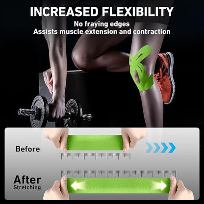 PreCut Kinesiology Tape for Knees, 24PCS Waterproof KTQUICK Knee Tape for Knee Pain Relief Pre Cut, Original Cotton Athletic Knee Tape, Waterproof & Hypoallergenic Latex-Free for Sports(Green)