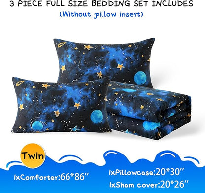 Glow in The Dark Kids Comforter Set， 3 Pieces Blue Space Bedding Set Twin Size for Boys Girls Teen, 1 Comforter, 1 Pillowcase, 1 Pillow Sham