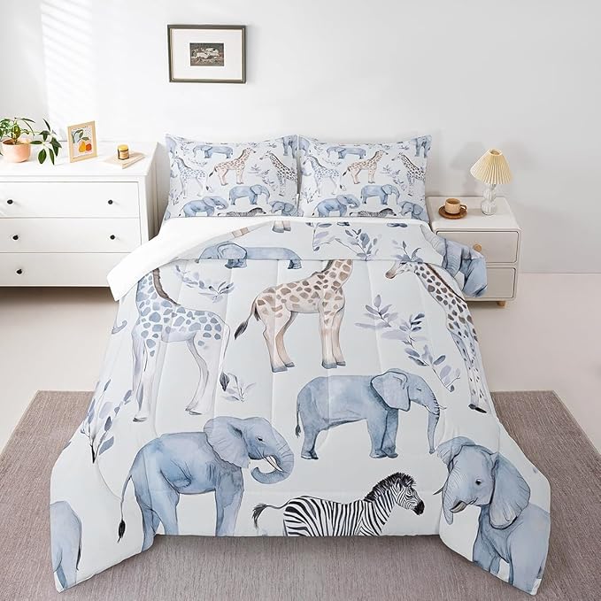Castle Fairy Elephant Giraffe Bedding Set Queen Size Africa Tropical Animal Comforter Set for Girls Boys Room Decor Watercolor Leaves Down Comforter Wild Zebra Quilt Set with 2 Pillowcases