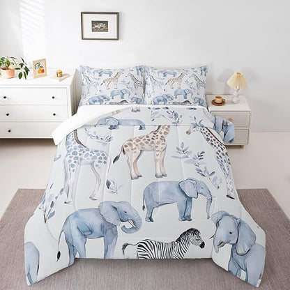 Castle Fairy Elephant Giraffe Bedding Set Queen Size Africa Tropical Animal Comforter Set for Girls Boys Room Decor Watercolor Leaves Down Comforter Wild Zebra Quilt Set with 2 Pillowcases