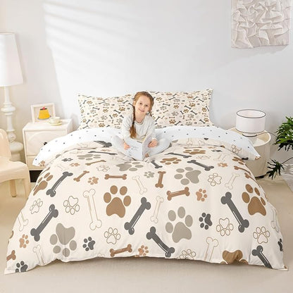 Dog Paw Print Bedding Set Twin Size (Not Comforter),Bone Puppy Pets Animal Theme Duvet Cover for Kids Boys Bedroom Decor,Beige Cute Cartoon Design Polyester Quilt Cover with 1 Pillowcases, 2 Pieces